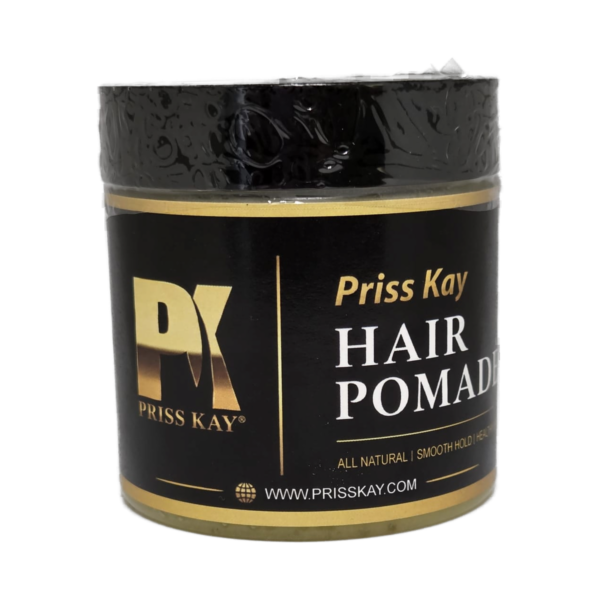 Priss Kay Hair Pomade jar, black and gold label