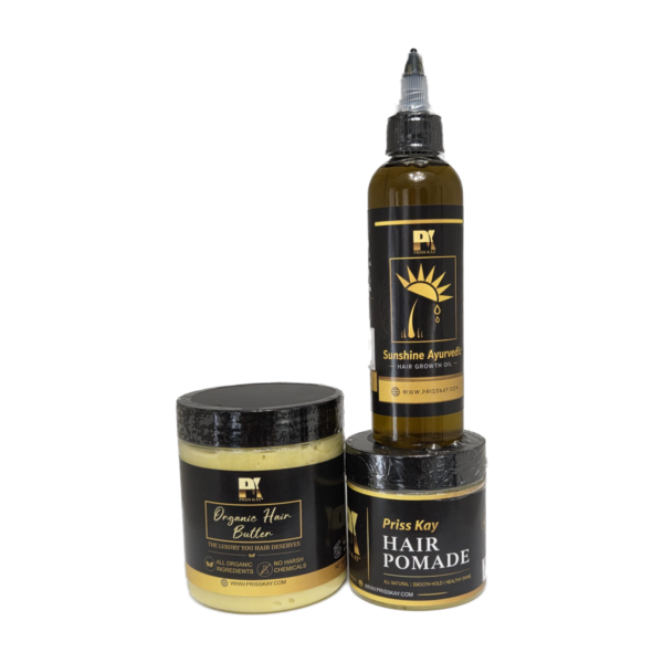 Priss Kay Luxury Hair Care Trio: Sunshine Ayurvedic oil, Organic Hair Butter and Hair Pomade