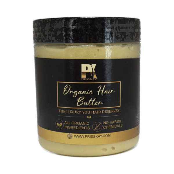 Priss Kay Organic Hair Butter jar, black and gold label