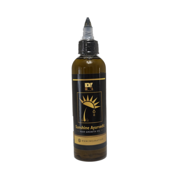 Priss Kay Sunshine Ayurvedic hair oil, 120ml bottle, black and gold label