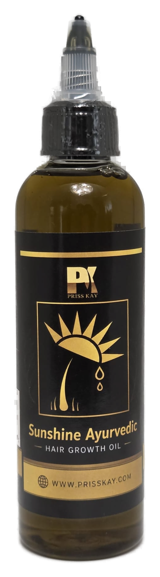 Priss Kay Sunshine Ayurvedic hair oil bottle, 120ml, black and gold label